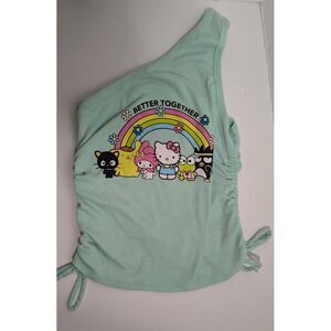 NEW Hello Kitty Jrs Mint Green One Shoulder Side Shirred Cropped Tank Top size M